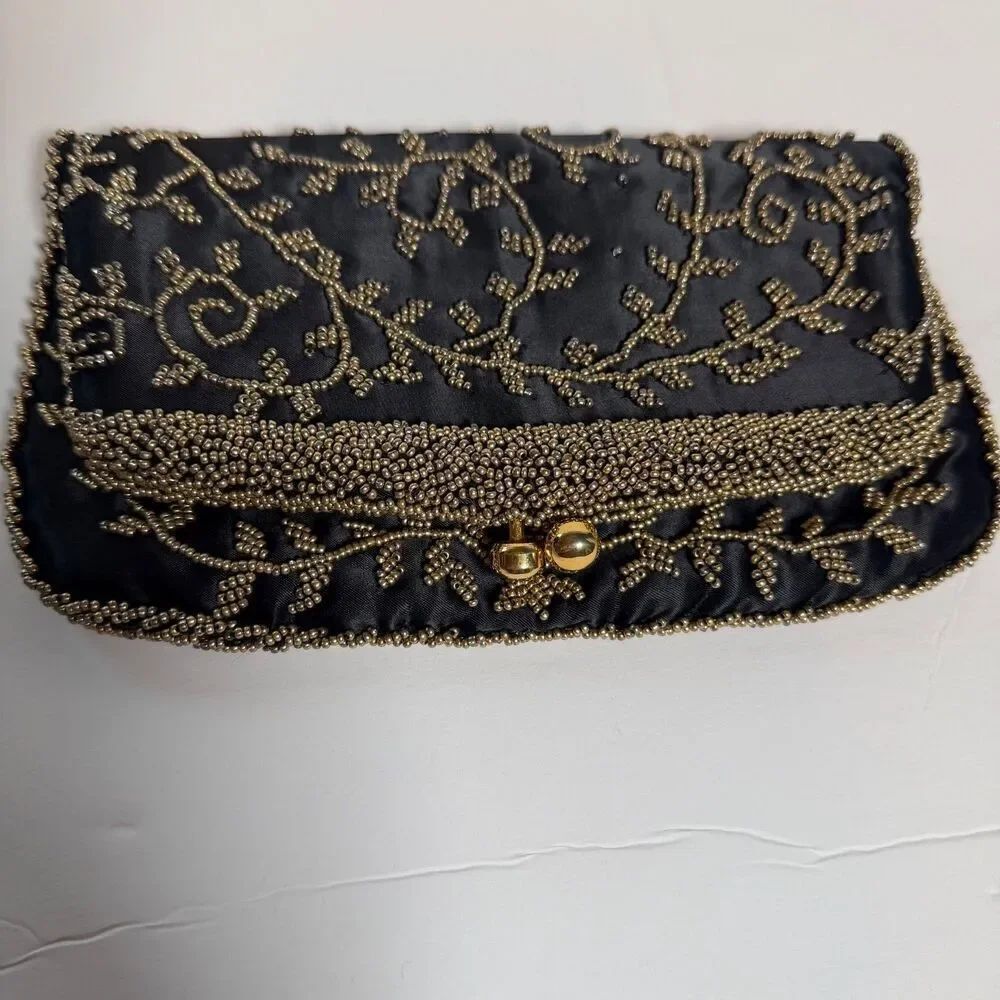 Vintage Pandora Hong Kong Black Satin Beaded Clutch Purse Kiss Lock Evening Bag